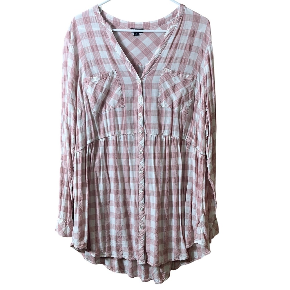 Torrid Pink Plaid Babydoll Tunic Top Size 2 2X Cottagecore Soft Girl Button Down